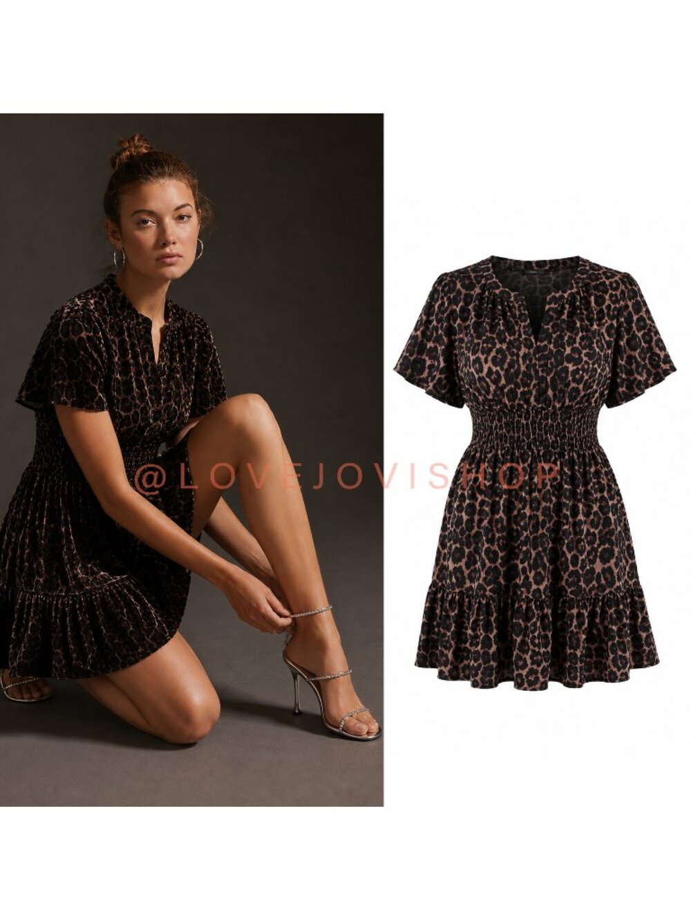 Feminine | French Connection Leopard Ruffle Short Sleeve Mini | Velvet Chocolate